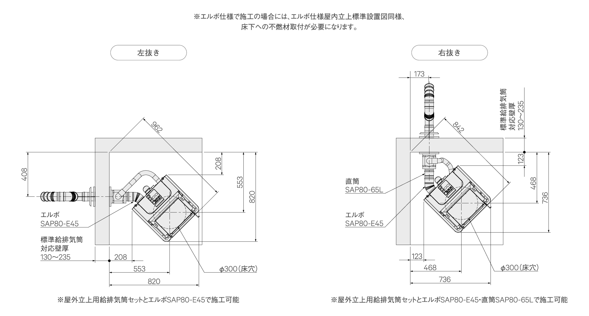 ほのか床下温風吹出仕様　屋外立上コーナー設置図（アシストファン・エルボ仕様共通）